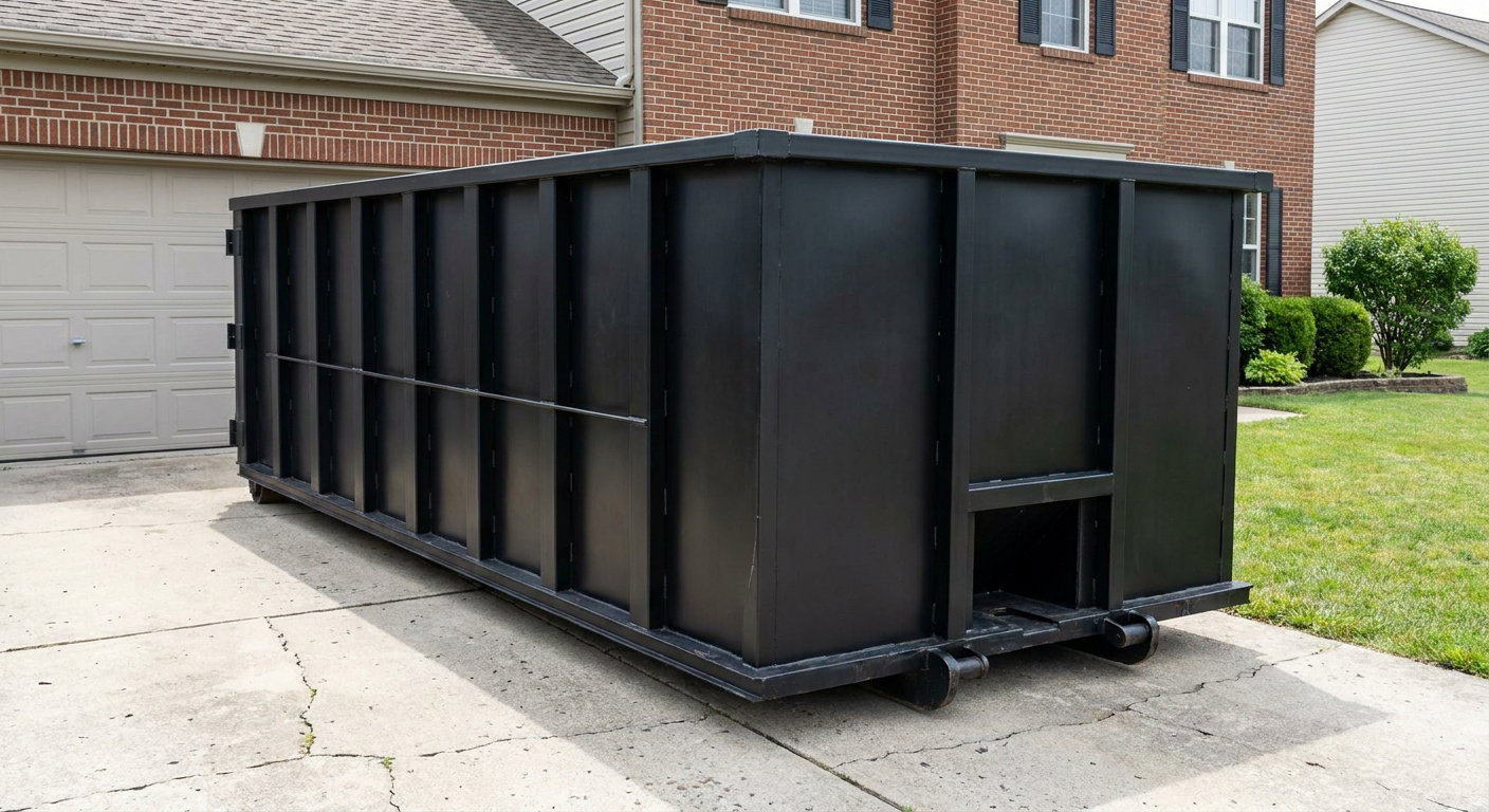 Matte-black 20-yard roll-off container on a Asheville residential concrete driveway with reinforced ribbed steel sidewalls and a hinged rear walk-in door, clean bright daylight.