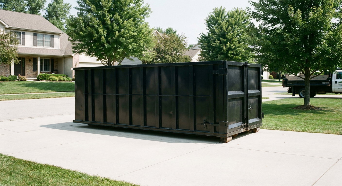 Matte-black 20-yard roll-off dumpster sitting level on a clean Asheville residential concrete driveway under bright daylight, demonstrating clean placement directly on the concrete.