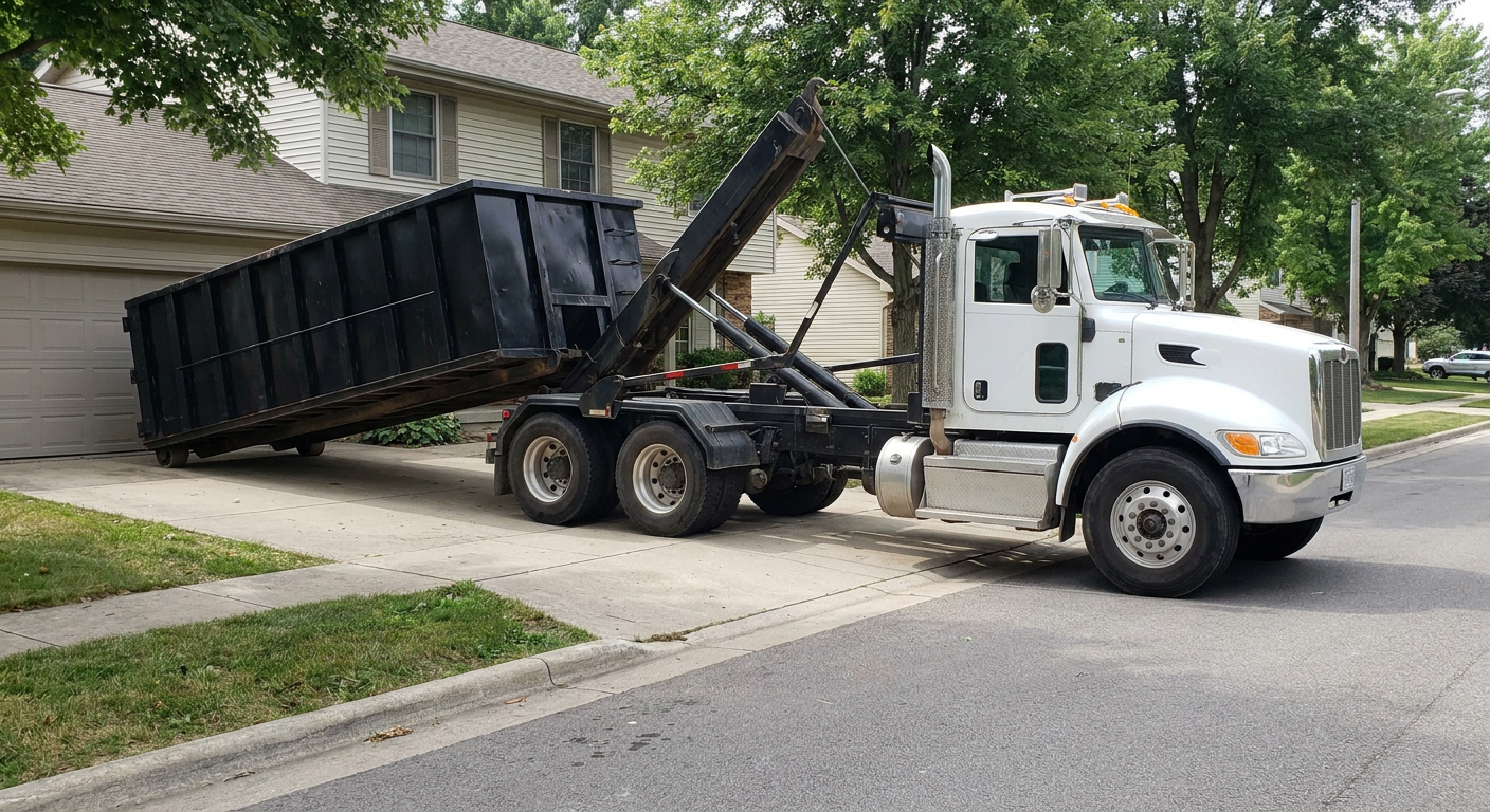 White-cab hooklift roll-off truck actively lowering a matte-black dumpster onto a Asheville residential concrete driveway, the dumpster's rear wheels touching the driveway as the hoist arm tilts the bed forward, mid-morning daylight.