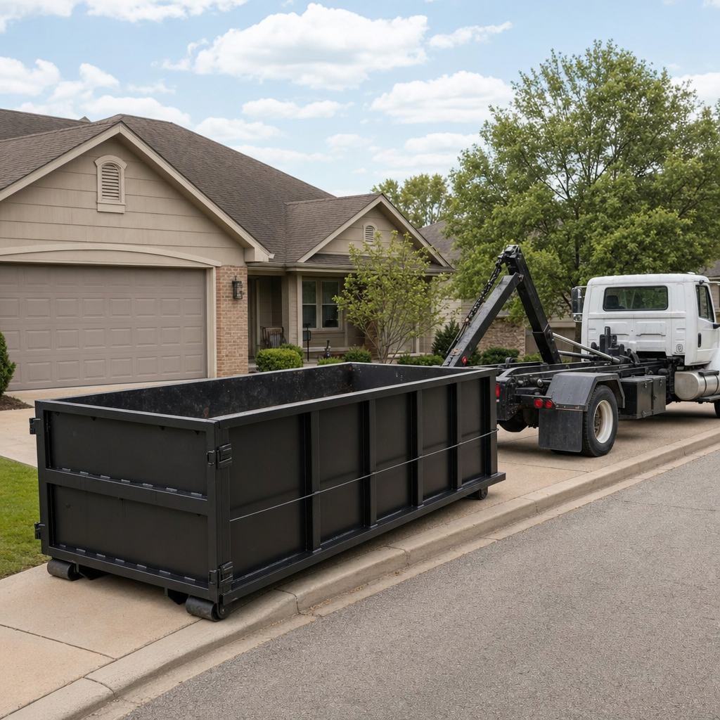 Wide documentary shot of a matte-black roll-off dumpster on a Asheville residential driveway in the foreground and a contractor jobsite container in the soft-focus background, bright daylight, calm and orderly composition.