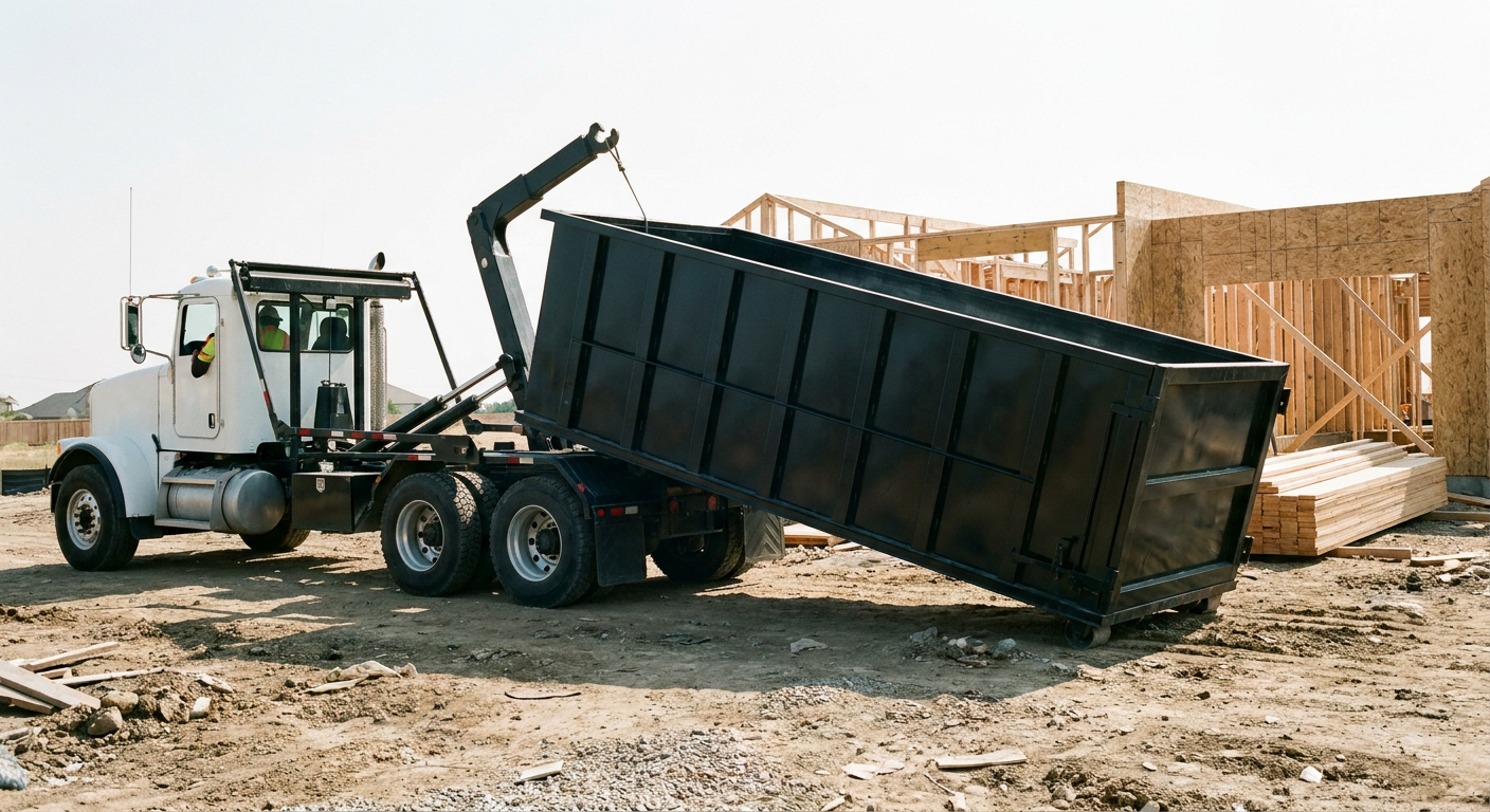 Matte-black roll-off dumpster being delivered onto a clean residential concrete driveway in Asheville by an unmarked white hooklift hauler truck, bright morning daylight, documentary 35mm perspective.